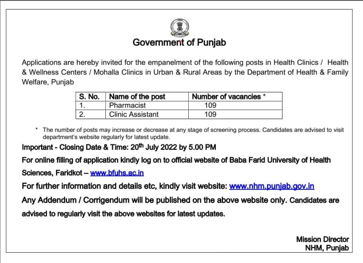 Mohalla Clinic Punjab Vacancy 2022 | Pharmacist and Clinic Assistant | 109 Vacancy | Government of Punjab | Last Date :- 20/07/2022 | Apply Fast